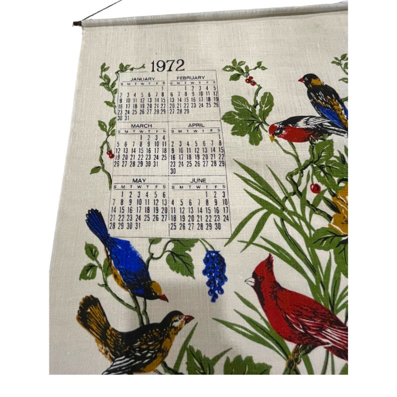 Vintage 1972 Songbirds Calendar Tea Towel Floral Bird Kitchen Wall Hanging Linen