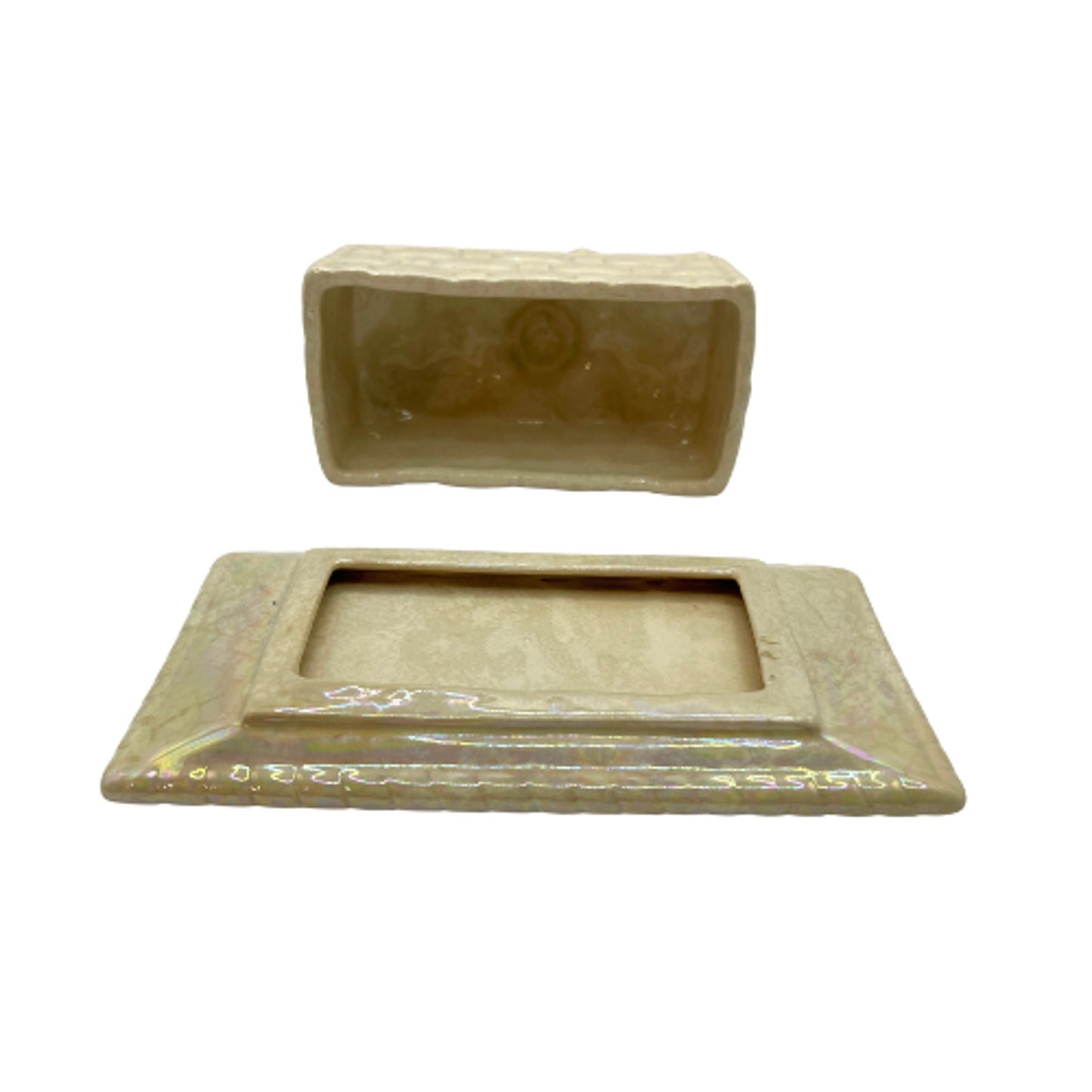 Vintage Ceramic Butter Dish Basket Weave Fruit and Floral Iridescent