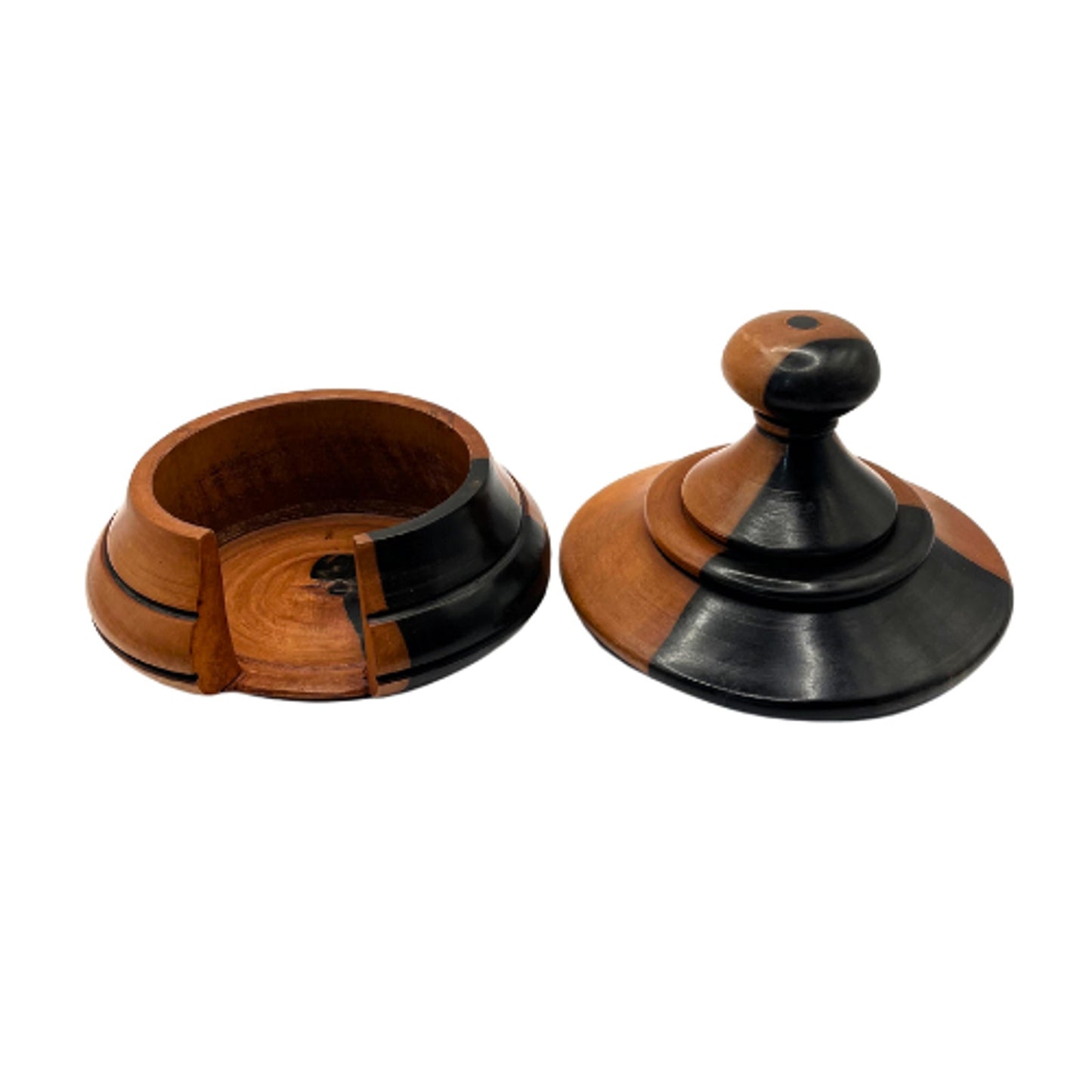 Novica Ebony African Wood Disk Coasters Set of 6 w/ Hut Lidded Caddy Warm Tones