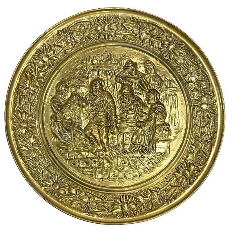 Vintage 1960s Embossed Brass Wall Plaque Tavern Pub Scene Holland
