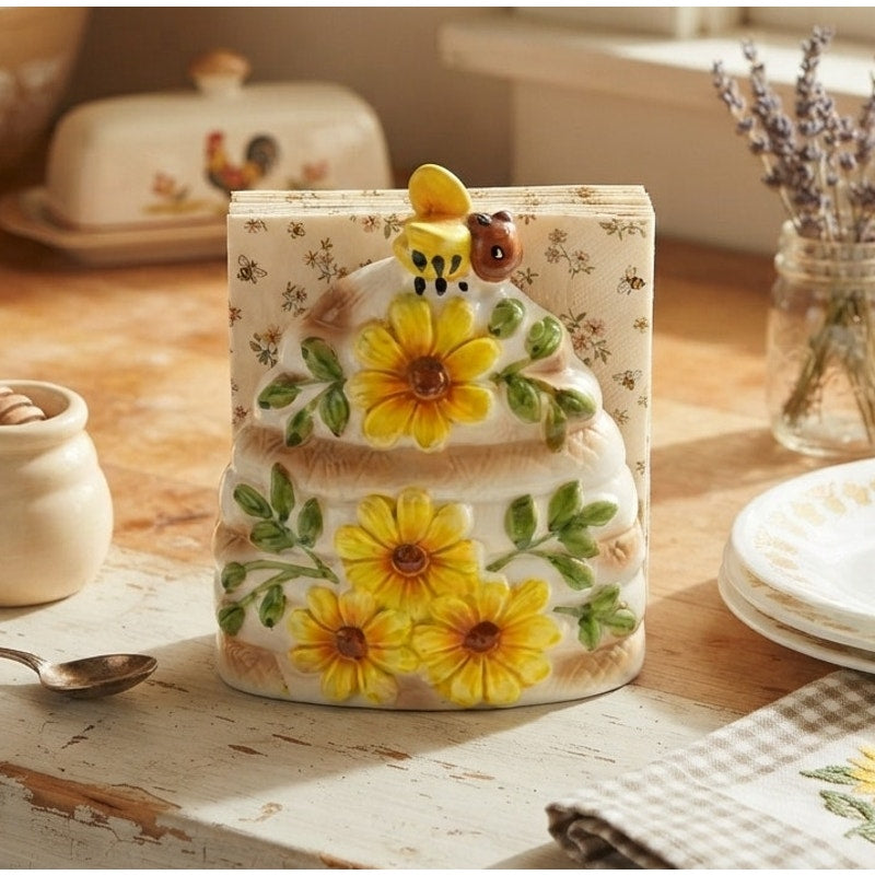 Vintage Ceramic Beehive Napkin Holder Sunflower 3D Bumblebee Japan