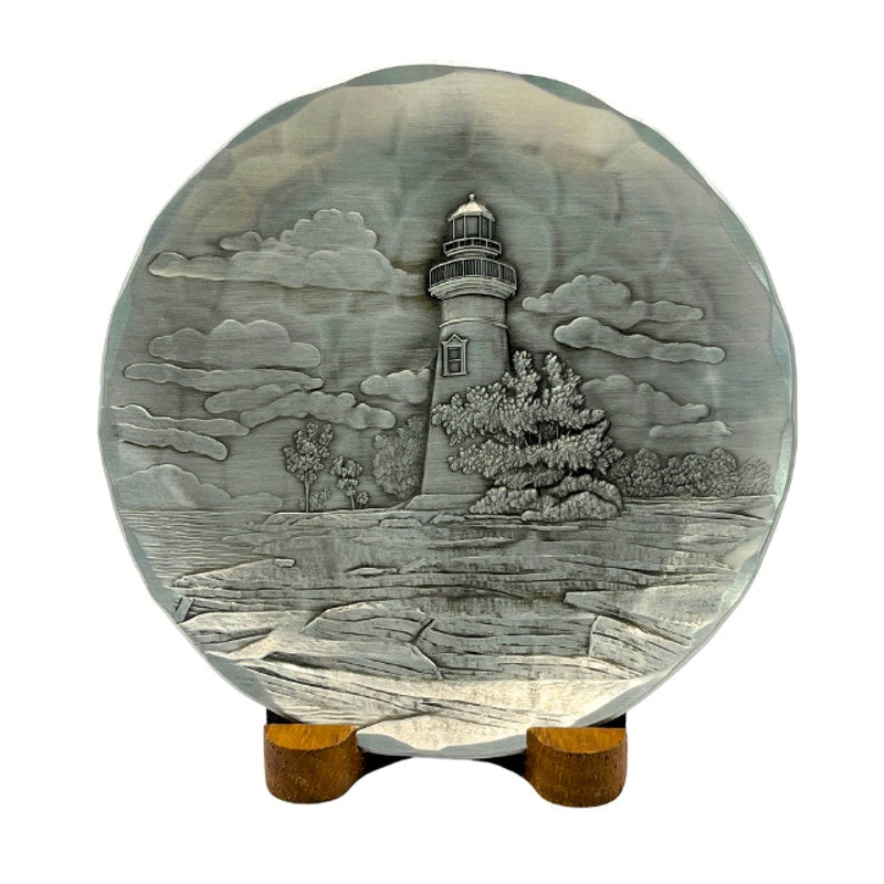 Vintage Wendell August Forge Aluminum Lighthouse Plaque Marblehead OH 4.5" with Stand