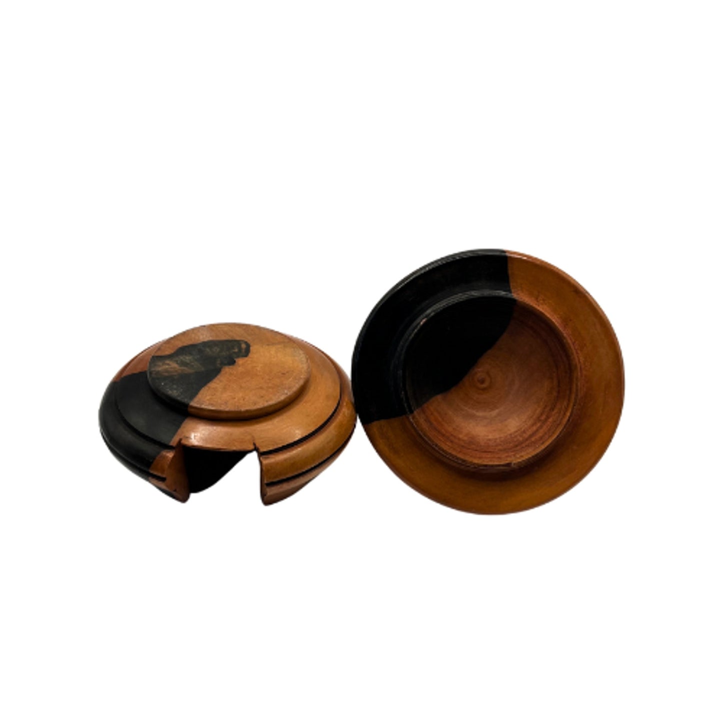 Novica Ebony African Wood Disk Coasters Set of 6 w/ Hut Lidded Caddy Warm Tones