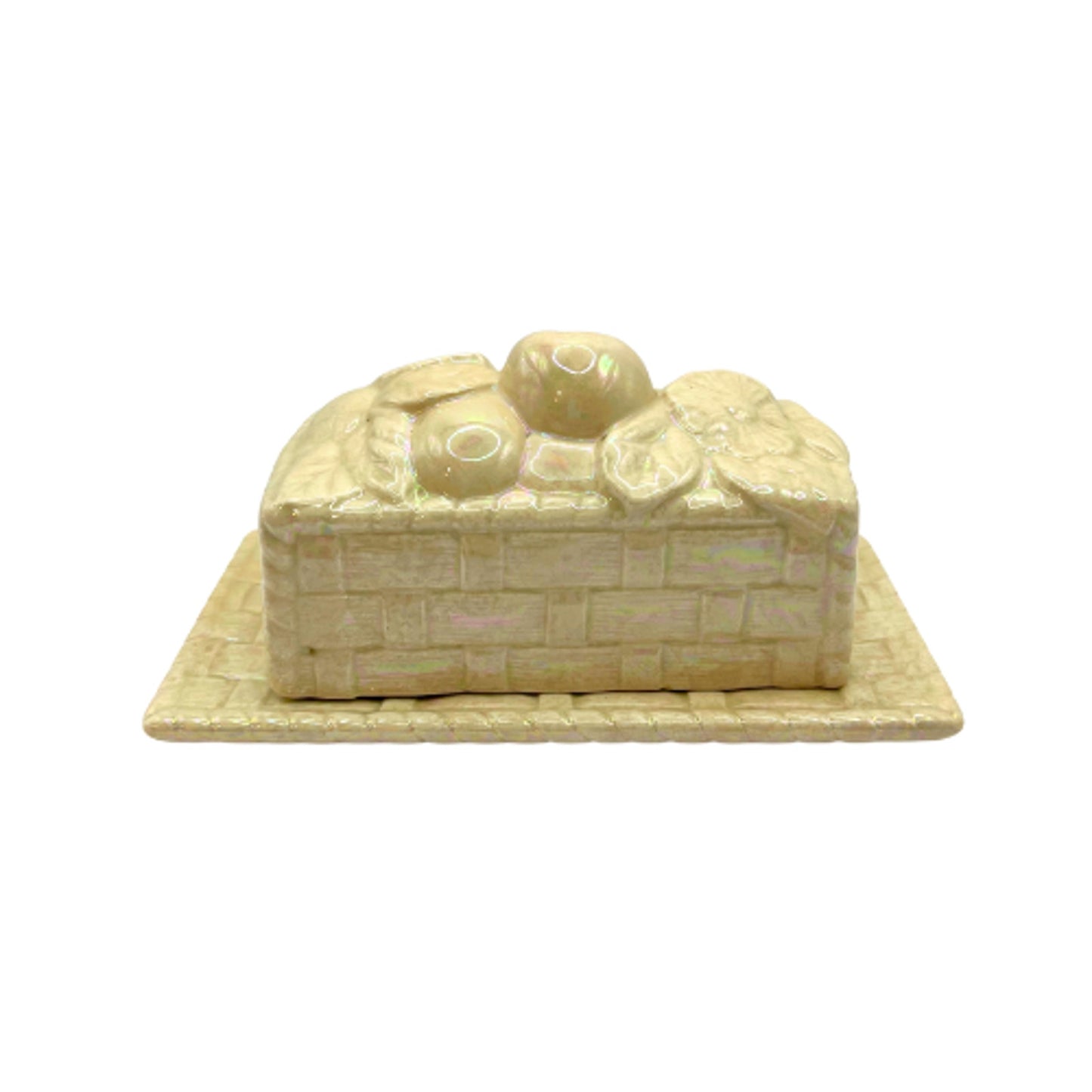 Vintage Ceramic Butter Dish Basket Weave Fruit and Floral Iridescent