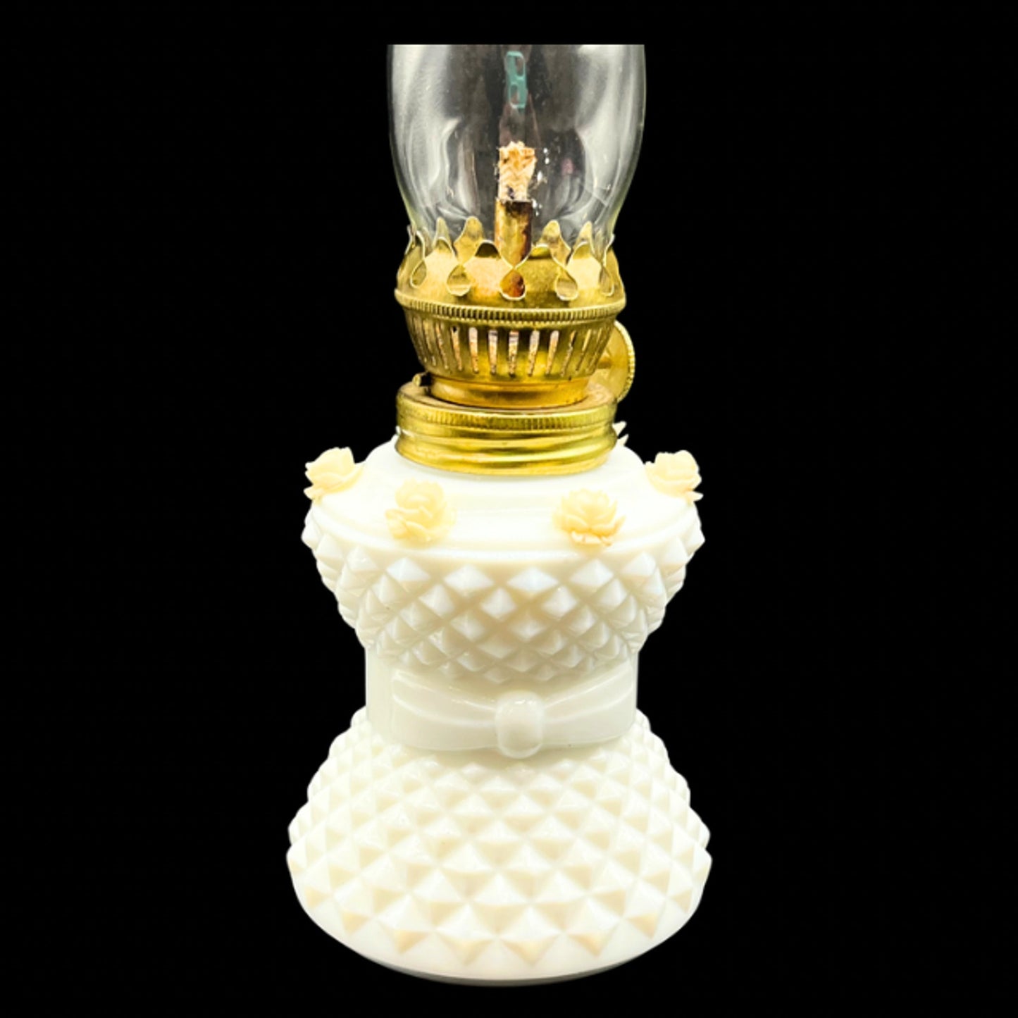 MCM Vintage Milk Glass Miniature Oil Lamp Diamond Point Rose Accent