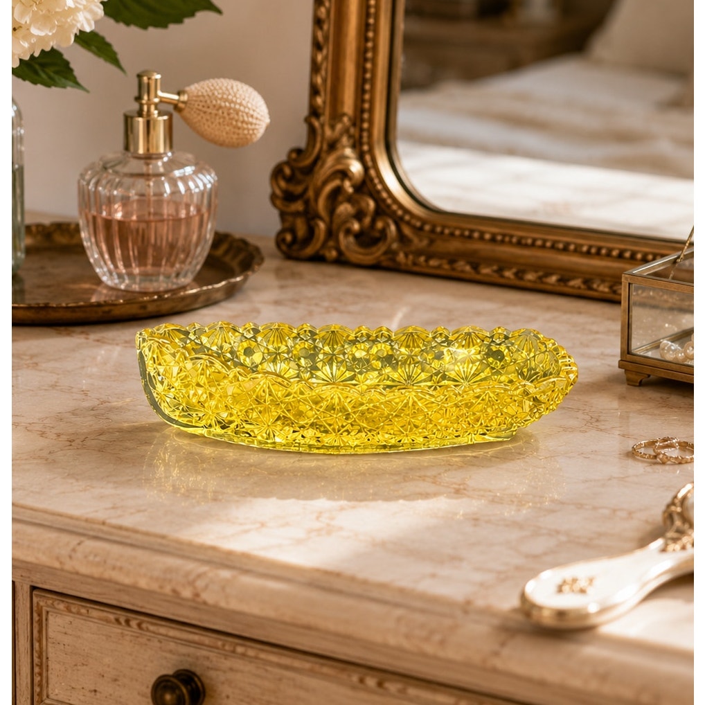 Vintage Amber Yellow Pressed Glass Canoe Dish Daisy & Button Pattern