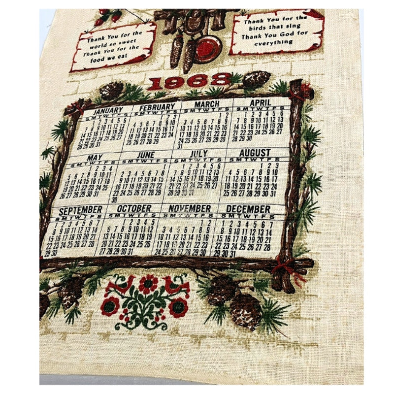 Vintage 1968 Stevens Linen Calendar Tea Towel Cuckoo Clock