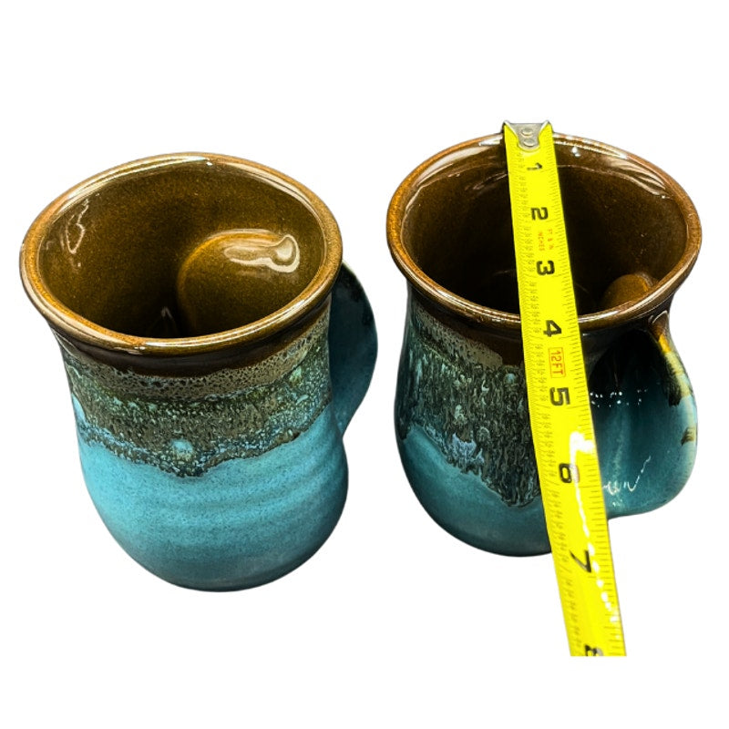 Clay in Motion Handwarmer Mug Set Ocean Tide Blue Signed Art Pottery 2021