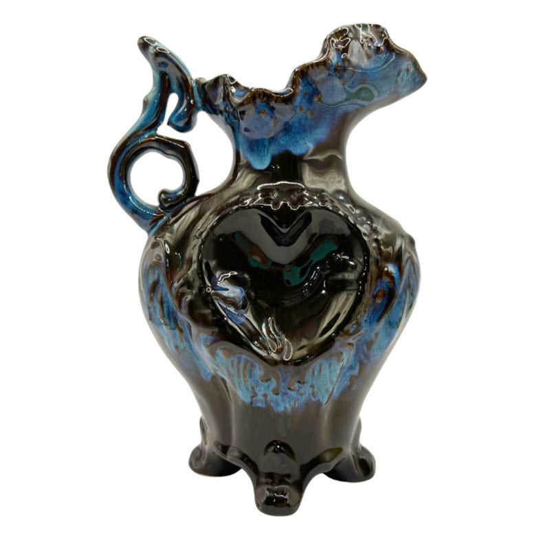 Vintage Art Pottery Pitcher Blue Brown Drip Glaze Heart Motif Ornate Footed Jug