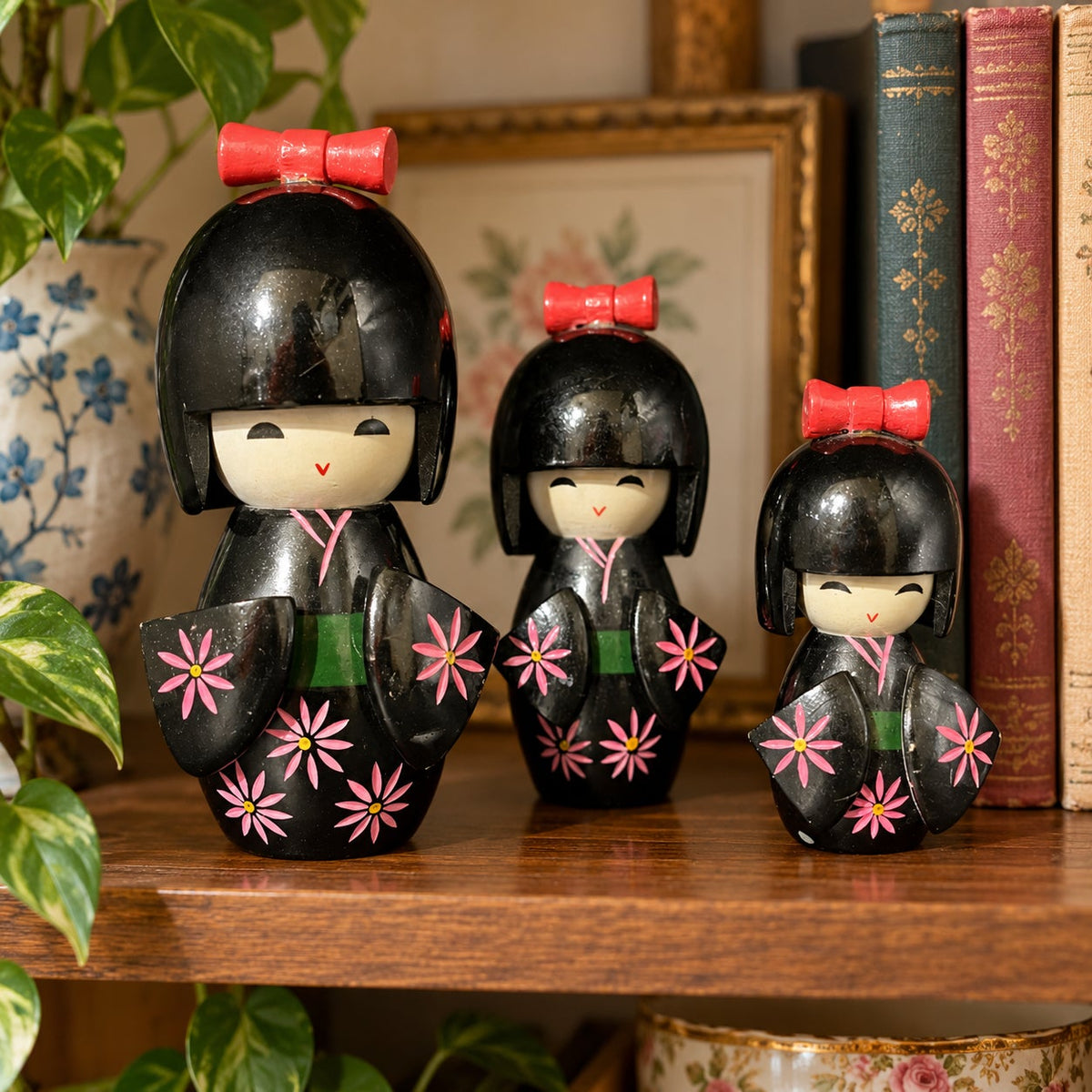 Vintage Japanese Kokeshi Dolls Set Hand Painted Black Kimonos Pink Floral
