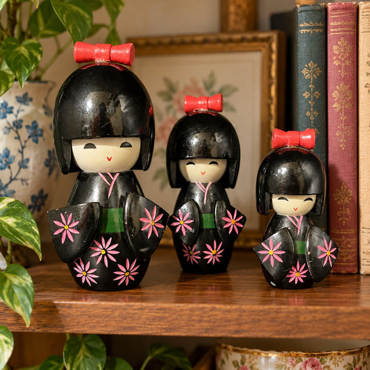 Vintage Japanese Kokeshi Dolls Set Hand Painted Black Kimonos Pink Floral