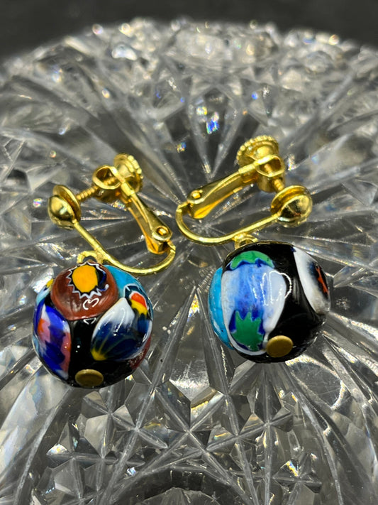 Vintage Millefiori Art Glass ClipOn Earrings