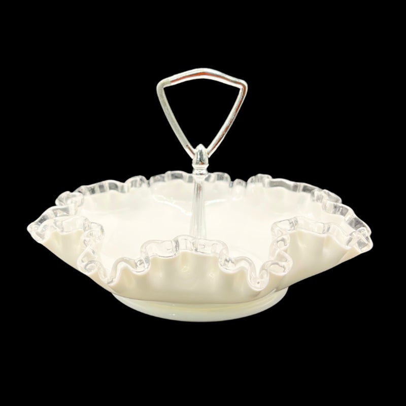 Fenton Silver Crest Milk Glass 8 Inch Handled Bonbon Dish Ruffled Edge