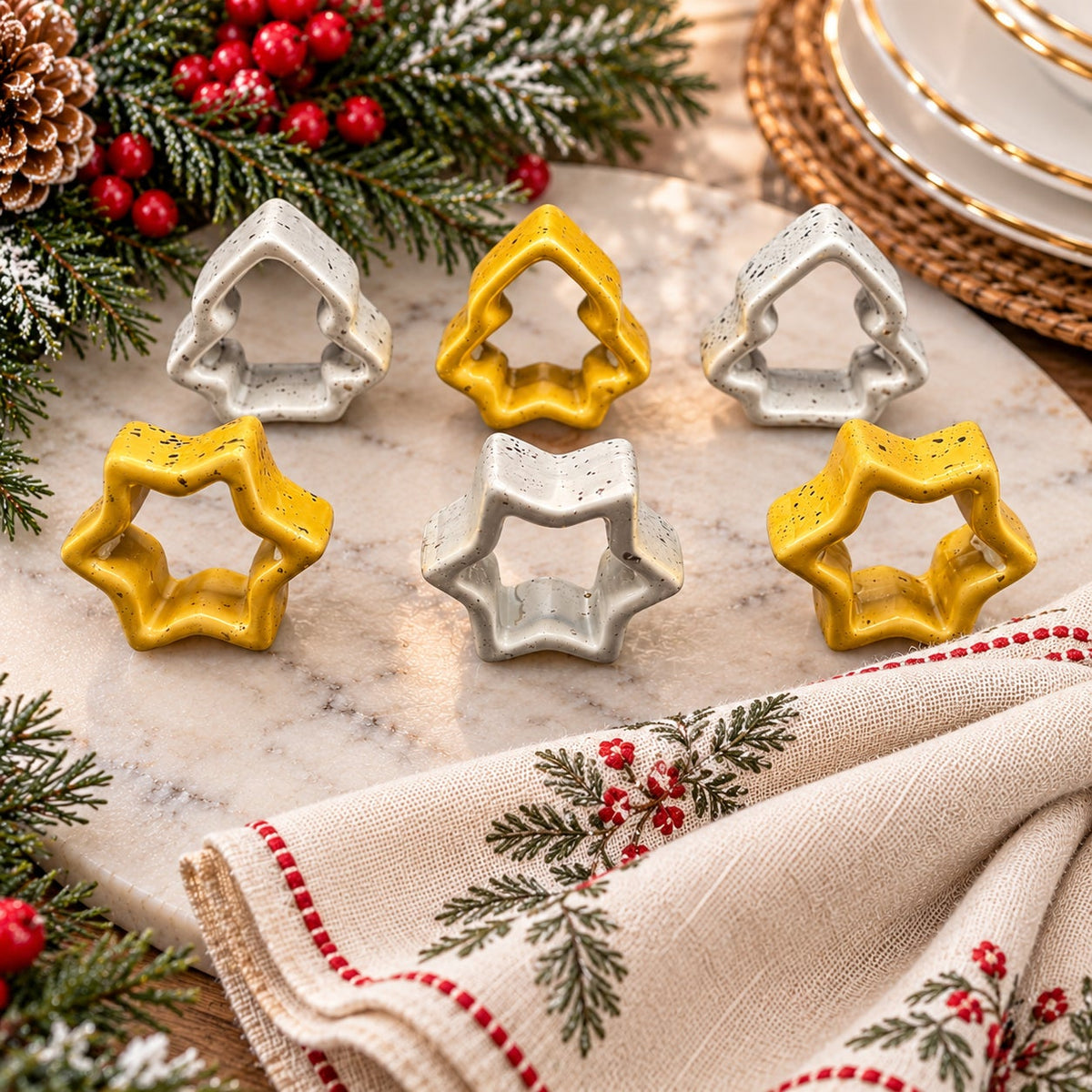 Vintage Weeping Gold & Silver Ceramic Christmas Tree Star Napkin Rings Set 6