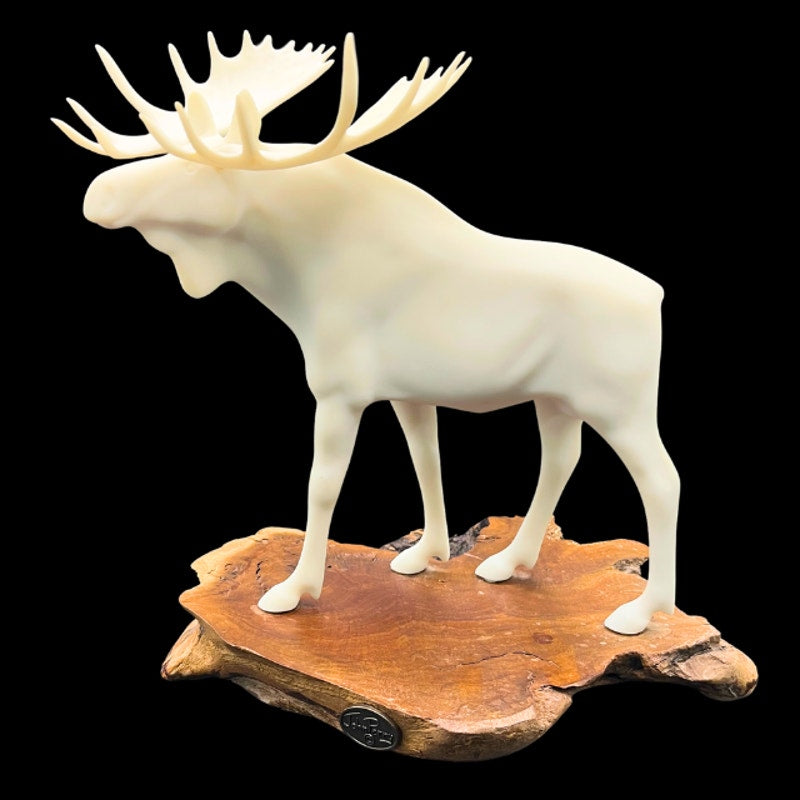 John Perry Bull Moose Sculpture Figurine Burlwood Slab Base Vintage Wildlife