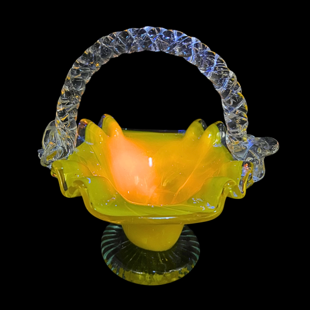MCM Canary Yellow Art Glass Handled Basket Cottagecore Home Decor with Roses