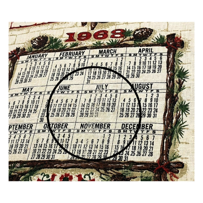 Vintage 1968 Stevens Linen Calendar Tea Towel Cuckoo Clock