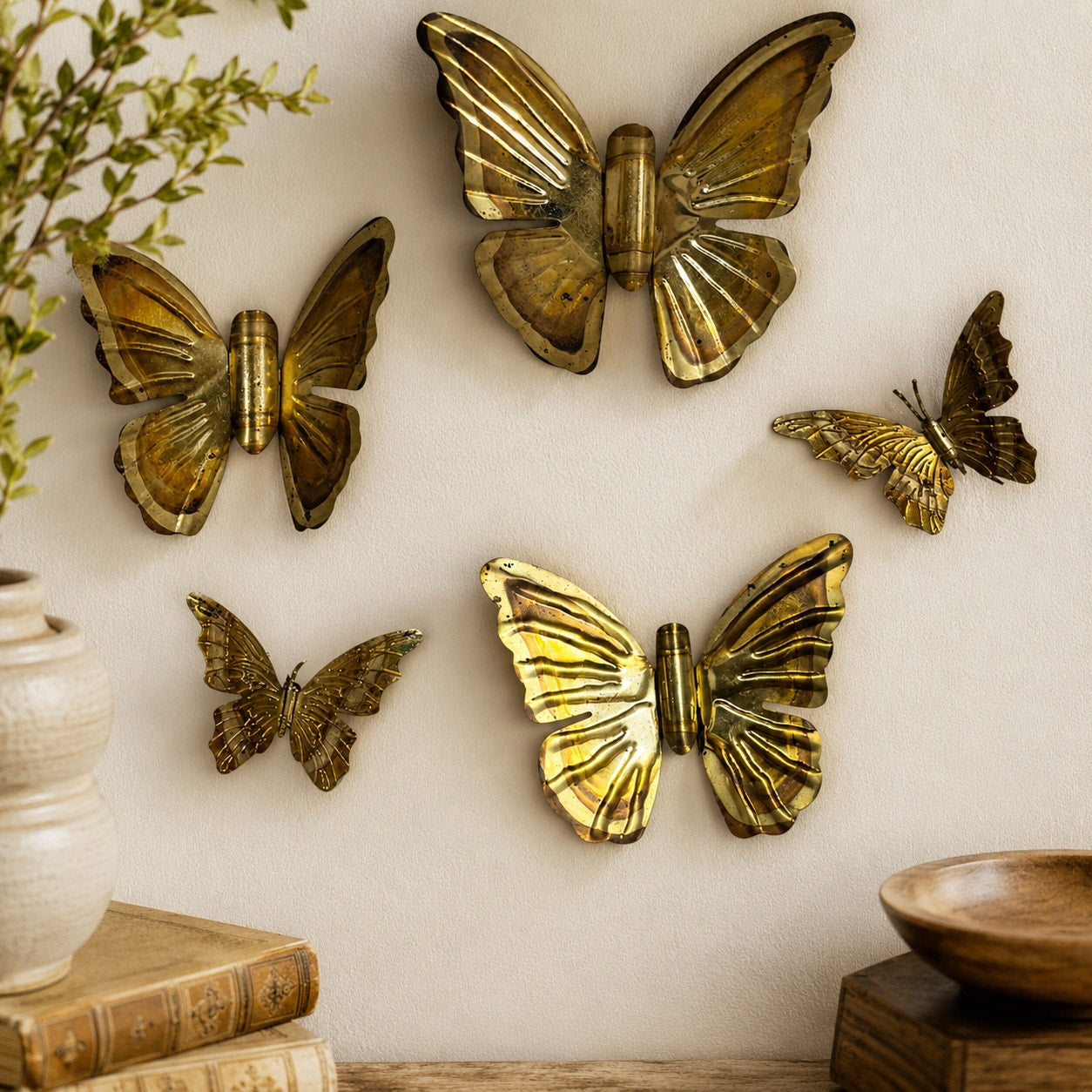 Vintage MCM Brass Metal Butterfly Wall Hangings Set of 5