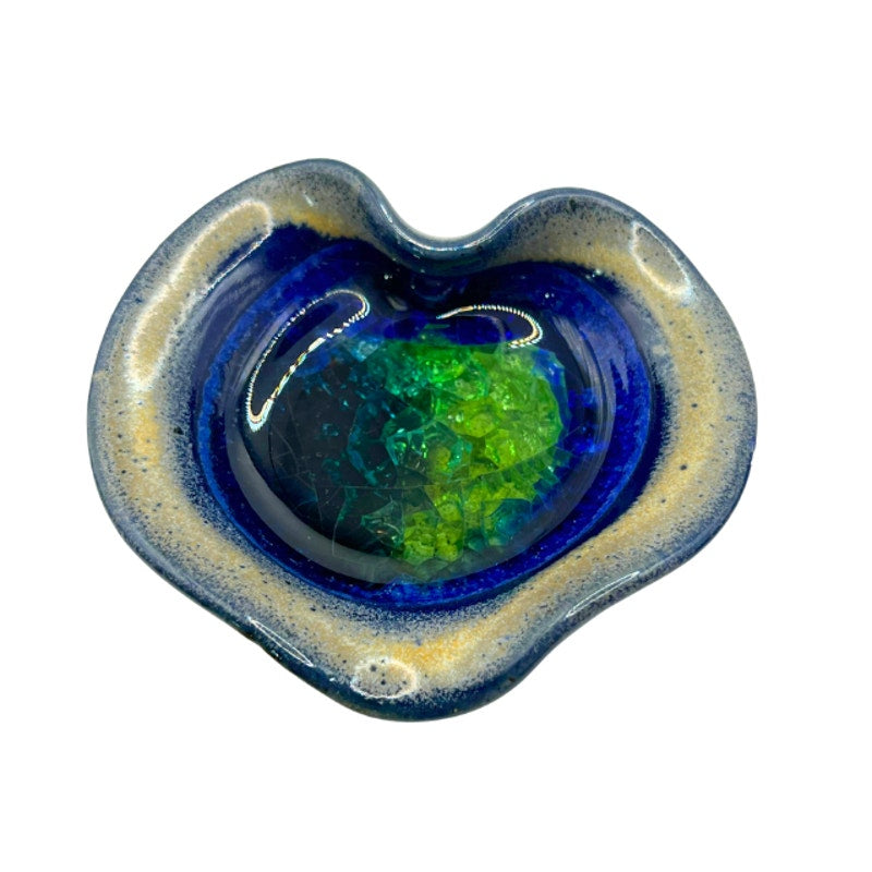 Vintage Down to Earth Heart Shaped Ceramic Melted Glass Dishes Set of 2 USA