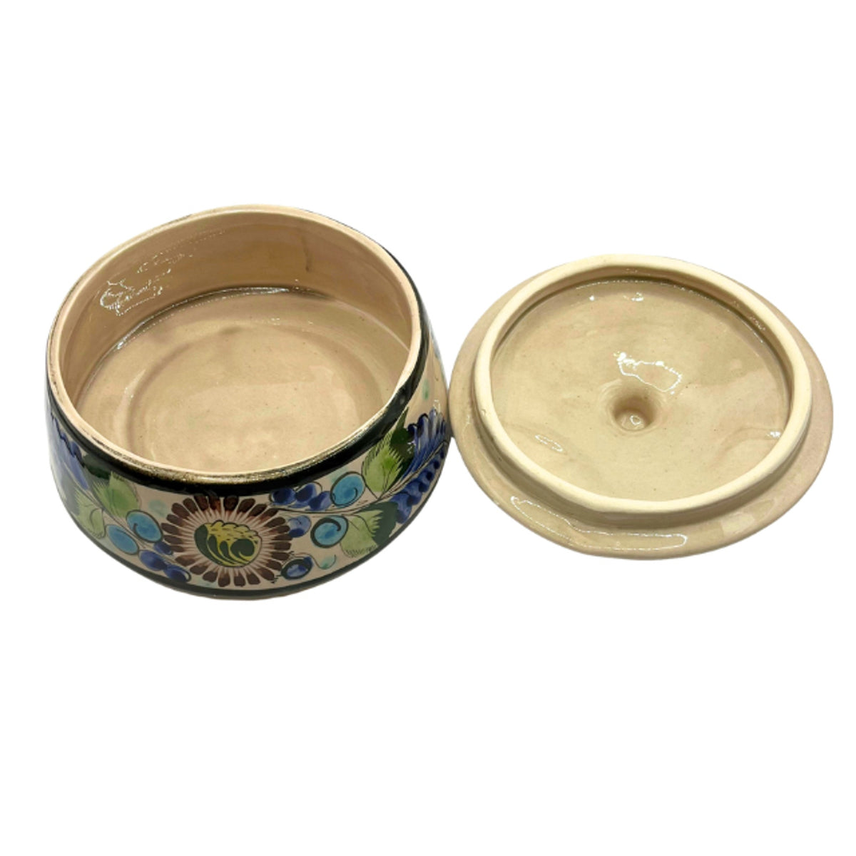 Vintage Tonala Mexican Pottery Bean Pot Hand Painted Talavera Floral Blue
