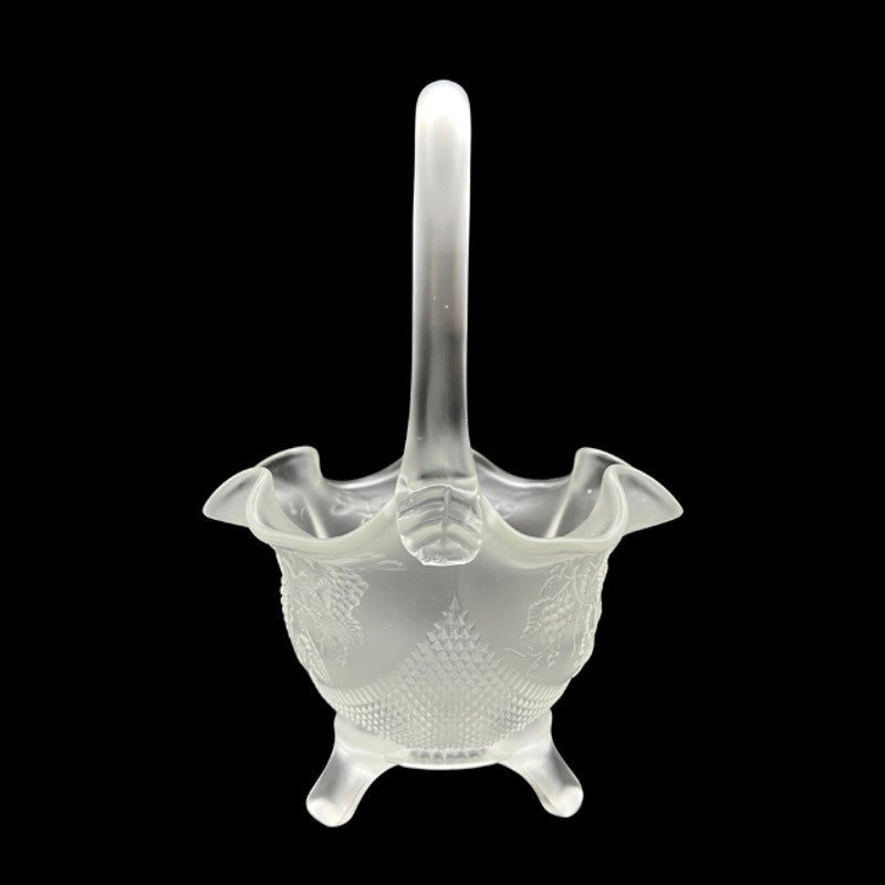Vintage Fenton Frosted Satin Glass Grape Vine Footed Basket Handle
