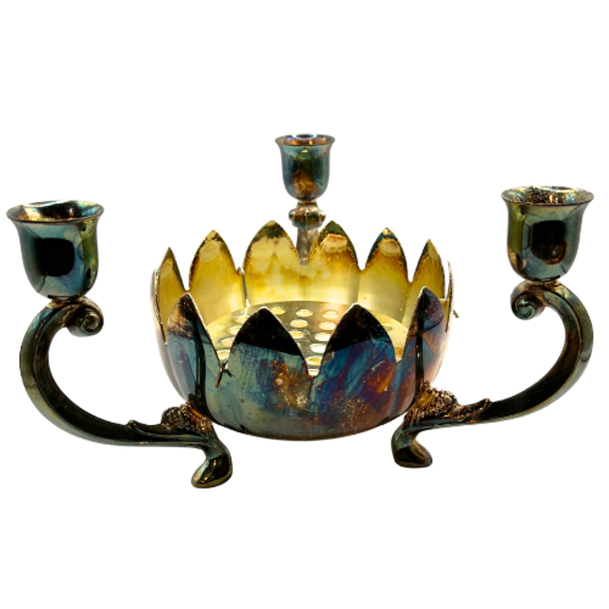Vintage Hong Kong Silver Plate Lotus Flower Frog Candelabra Centerpiece Patina