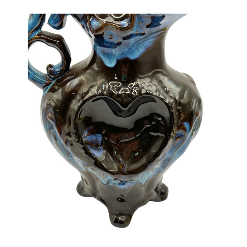 Vintage Art Pottery Pitcher Blue Brown Drip Glaze Heart Motif Ornate Footed Jug
