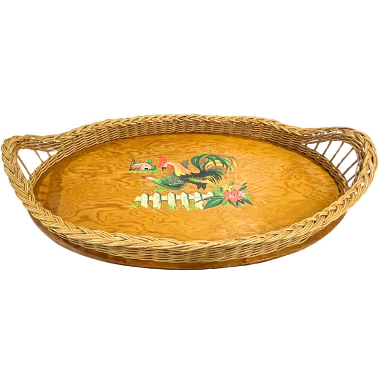 Vintage Oval Wooden Serving Tray Wicker Border Folk Art Rooster Farmhouse