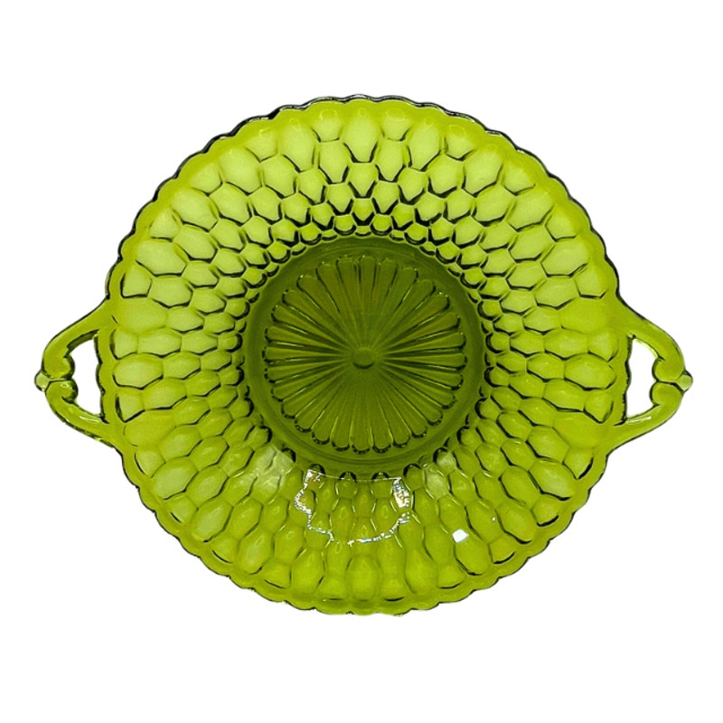 Vintage Indiana Glass Avocado Green Honeycomb Round Relish Dish Mid Century
