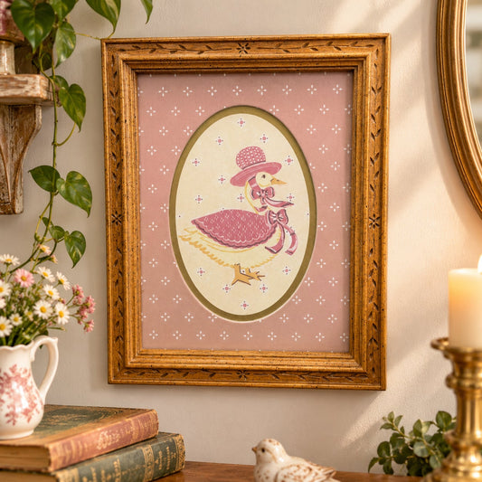 Vintage Framed Goose Print Pink Bonnet Cape Retro Cottagecore Wall Art