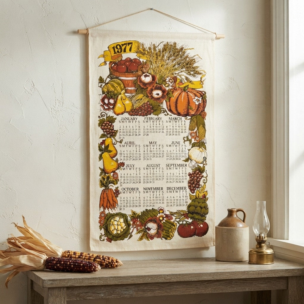 Vintage 1977 Harvest Calendar Tea Towel Fall Fruits Wall Hanging Linen