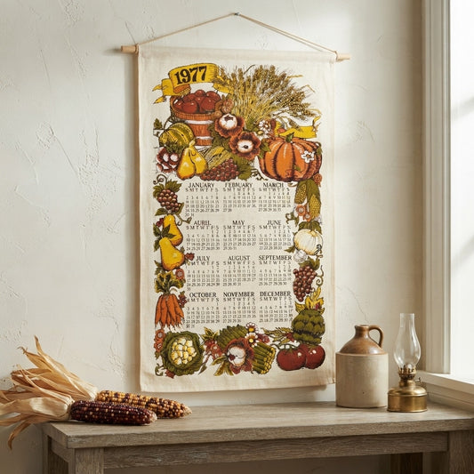 Vintage 1977 Harvest Calendar Tea Towel Fall Fruits Wall Hanging Linen