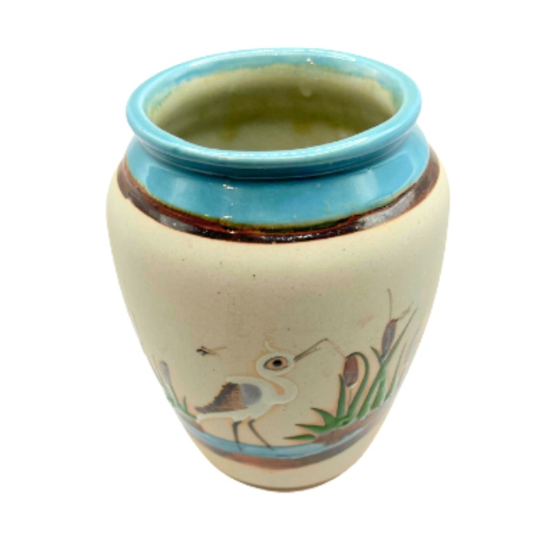 Vintage Mexican Tonala Folk Art Pottery Vase Heron & Cattail Handpainted 6.5in34.