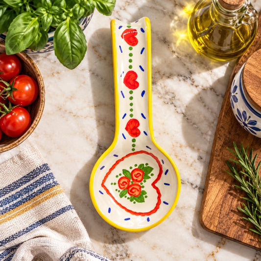 Italian Deruta Pottery Spoon Rest Hand Painted Red Heart and Floral White