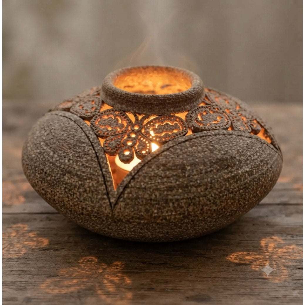 Handmade Tan Sandstone Pottery Butterfly Lace Cutout Candle Holder - Signed Art