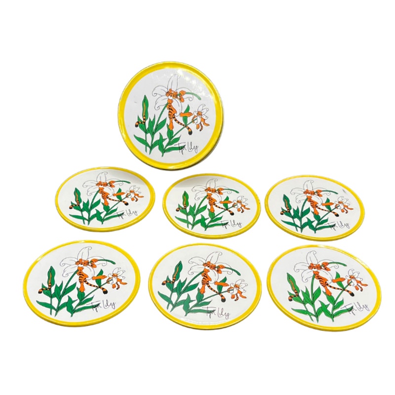 Vintage 1989 Petal Pets Tiger Lily Tin Coasters Set with Storage Tin 3.5 Inch