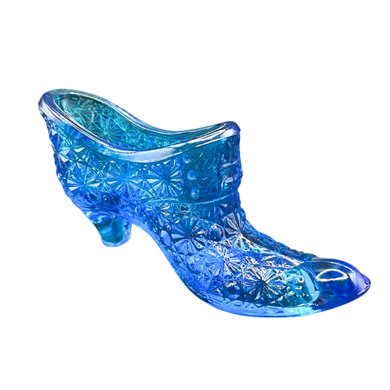LE Smith Blue Glass Slipper Shoe Daisy Button UV Glow Vintage Figurine