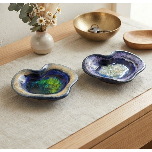 Vintage Down to Earth Heart Shaped Ceramic Melted Glass Dishes Set of 2 USA