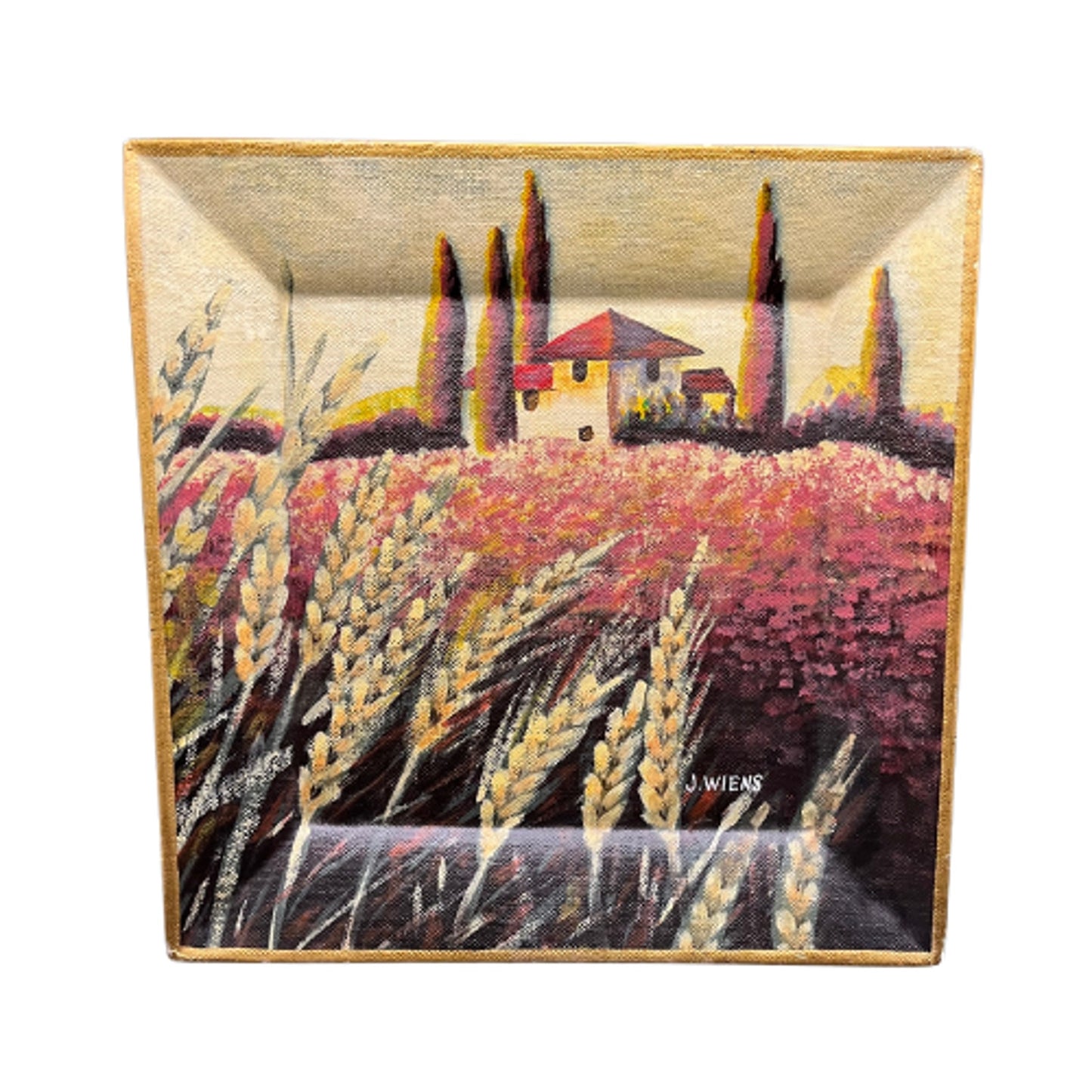 "Tuscan Fields" By J. Wiens  Hand Painted Signed Tam San Designs Beveled 10" by 10" Plate