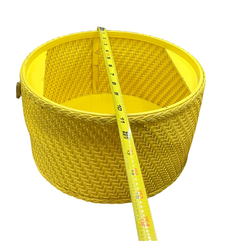 Vintage Yellow Woven Sewing Basket Retro Butterfly Padded Lid Handle 10"