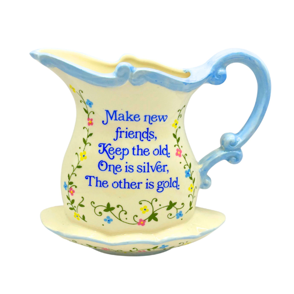 Vintage Lorrie Design Wall Pocket Floral Pottery Pitcher Basin Blue Trimming