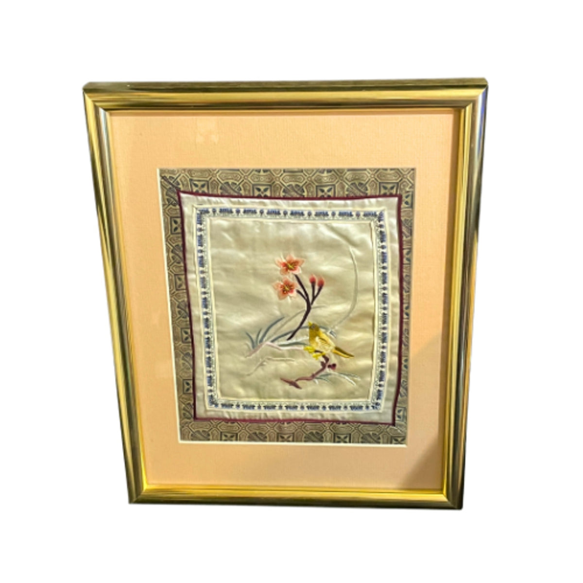 Vintage MCM Chinese Silk Embroidery Bird Cherry Blossoms Framed Art