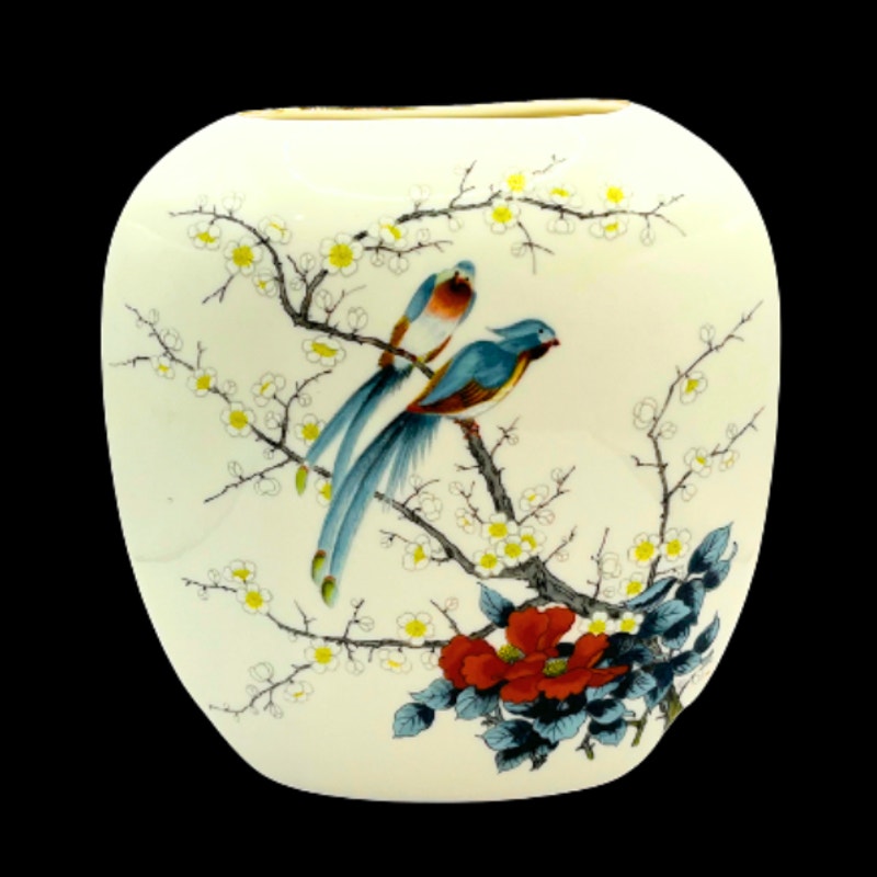 Vintage JAY Japan Oval Pillow Vase Fine China Porcelain Birds & Cherry Blossoms