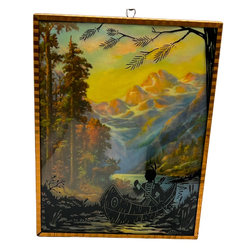 Vintage Reverse Painted Silhouette Picture Native American Nature Art