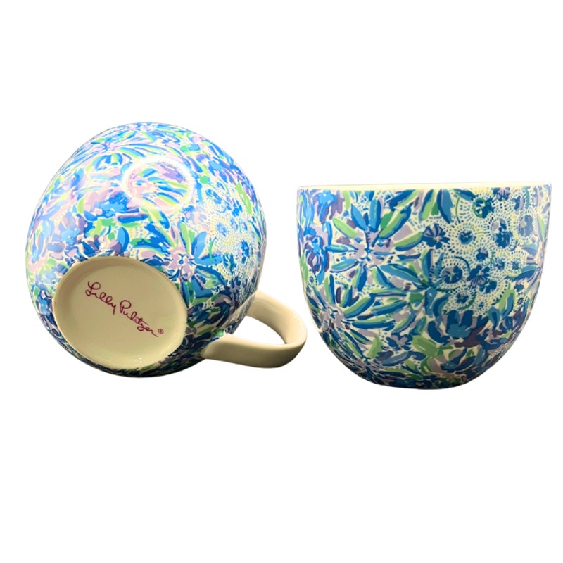 Lilly Pulitzer Ceramic Coffee Mugs Blue Floral High Maintenance Set of 2