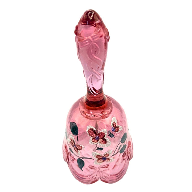 Vintage Fenton Rose Pink Art Glass Bell Hand Painted Signed S. Miller