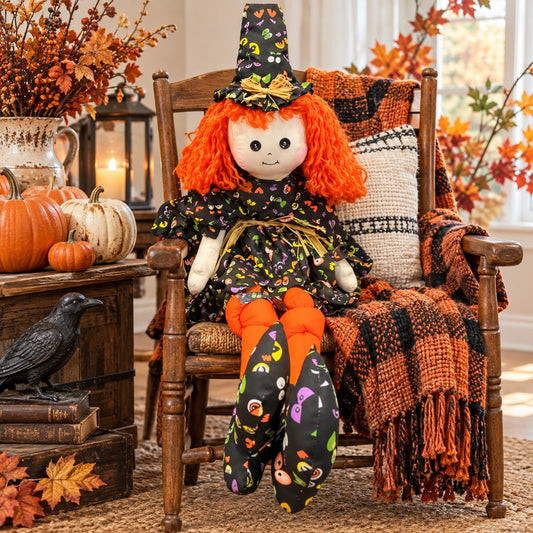 Vintage Halloween Sitting Witch Doll 38" Handcrafted Spooky Eyes Dress Decor