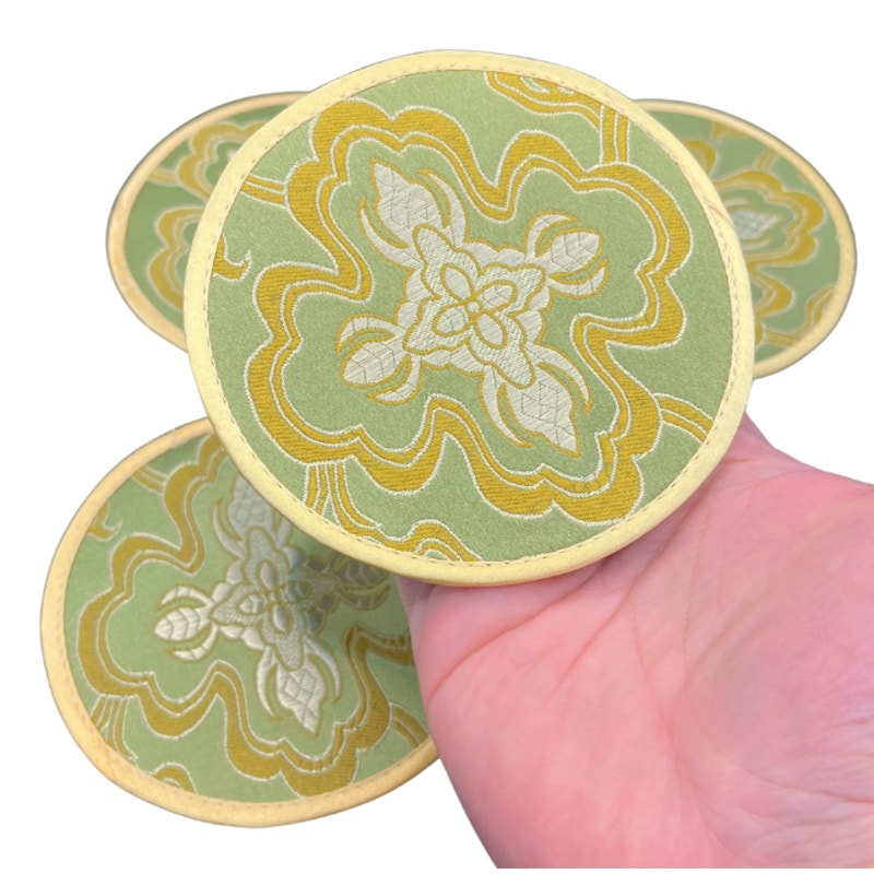Vintage Chinese Embroidered Coaster Set 4 Green Gold Motifs Original Sleeve