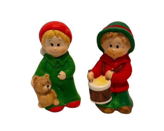 1970s Vintage Jasco Flocked  Christmas Bells  Drummer Boy, Boy with Teddy