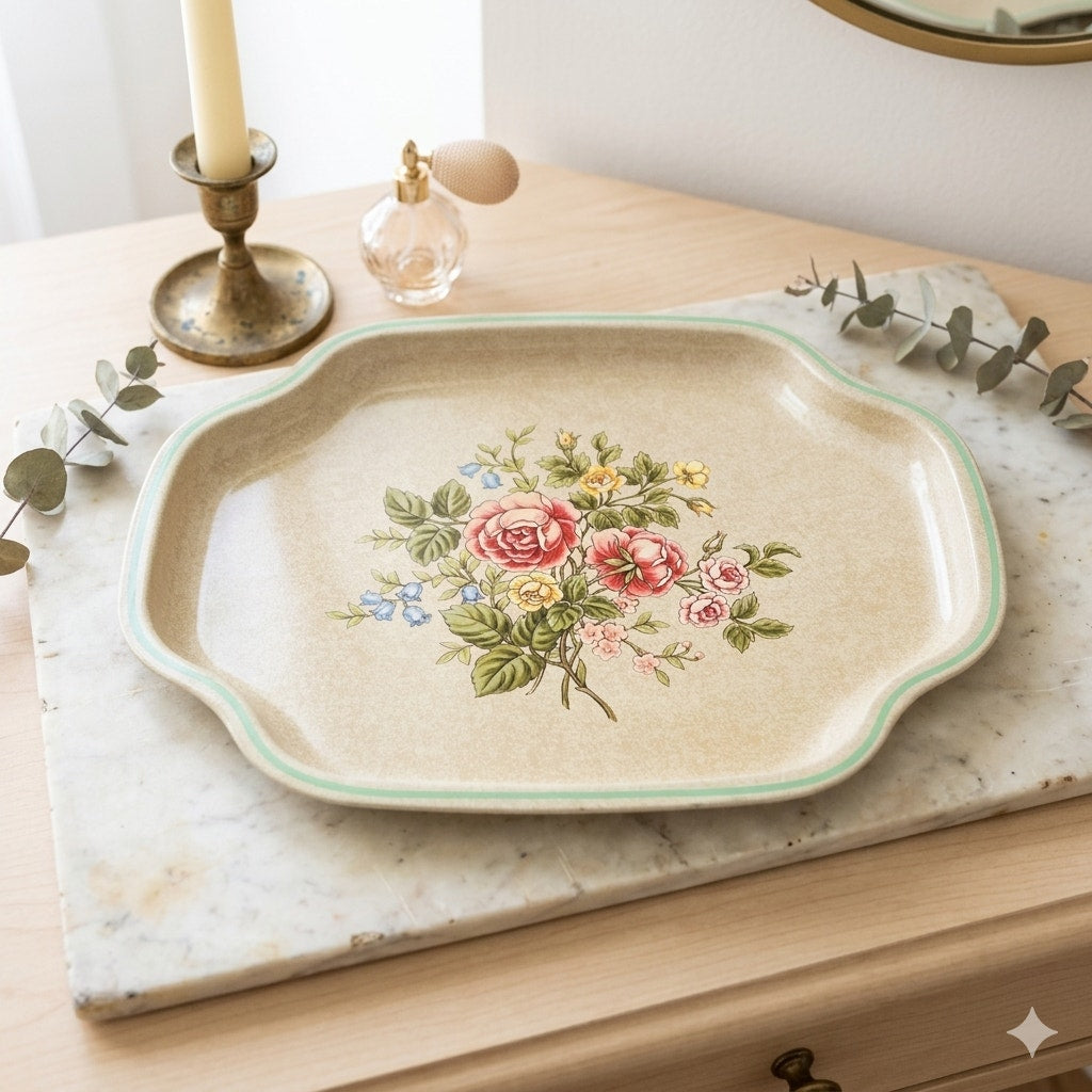 Vintage Metal Vanity Dresser Tray Trinket Dish Flowers Made in England for Avon